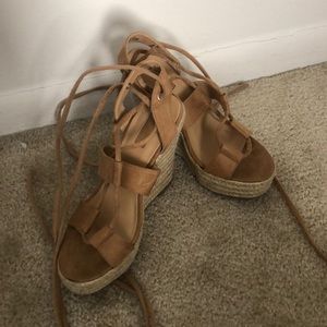 Lace up wedges. Tan-Brown. Never worn